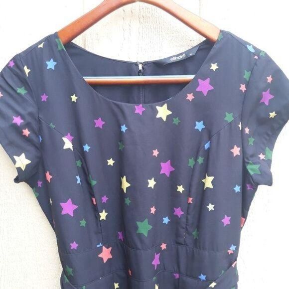 Eshaki Rainbow Star Modest Midi Tie Waist Dress Cap Sleeve Scoop Full Sz 10 - Picture 4 of 8